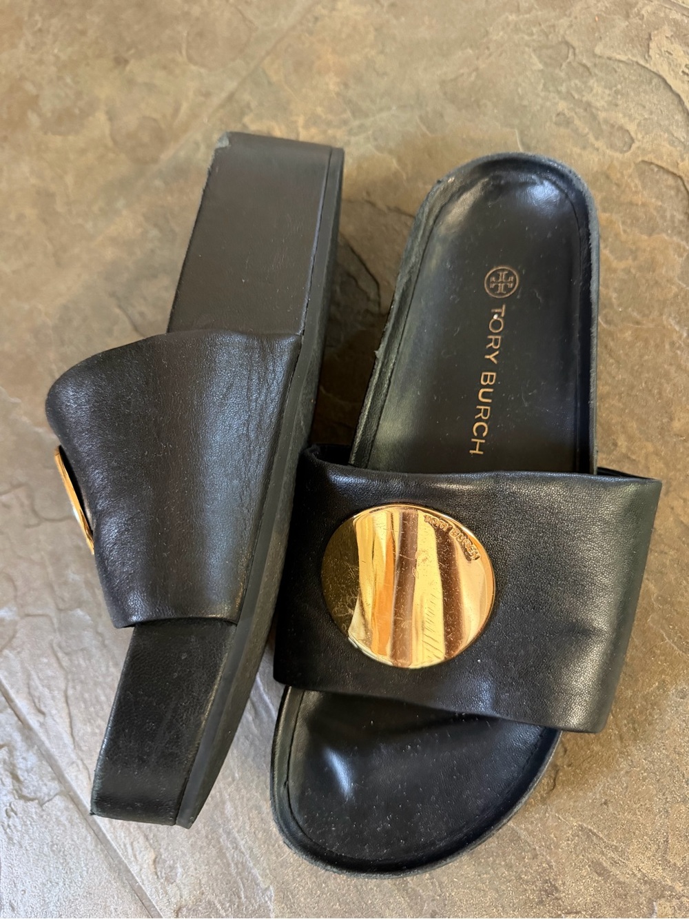 Tory Burch Black Leather Slide Sandals with Gold Medallion